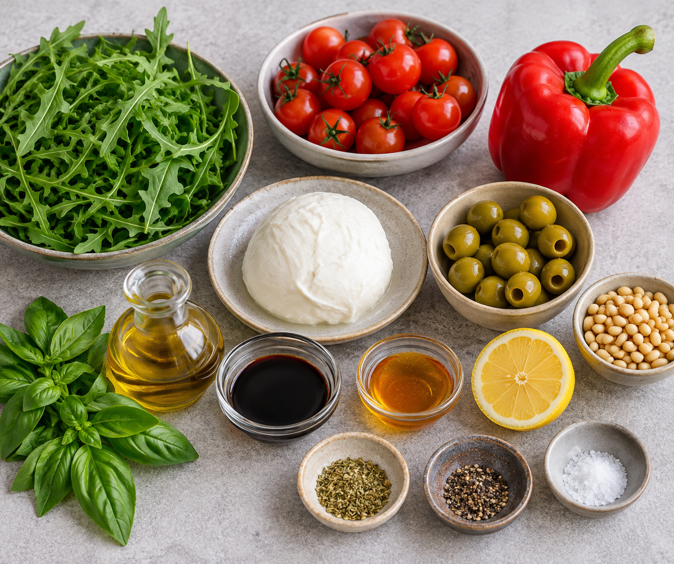 Ingrediënten voor Italiaanse mozzarella-salade met geroosterde paprika & olijven