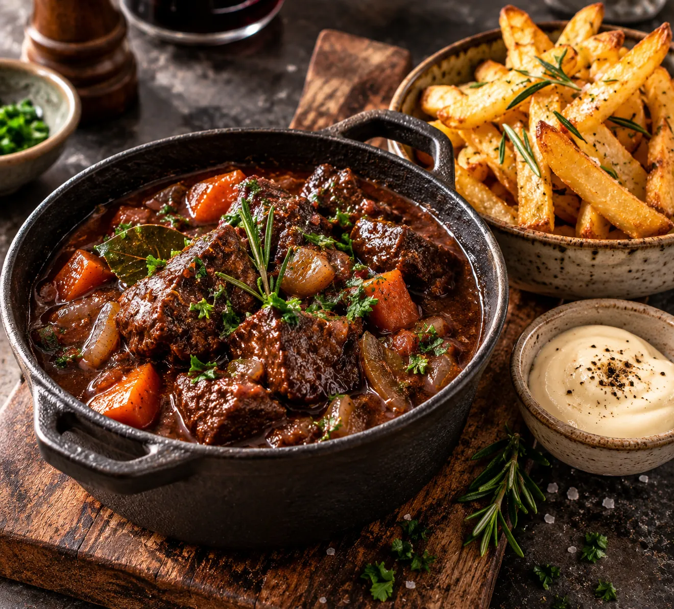 Stew with rosemary chips