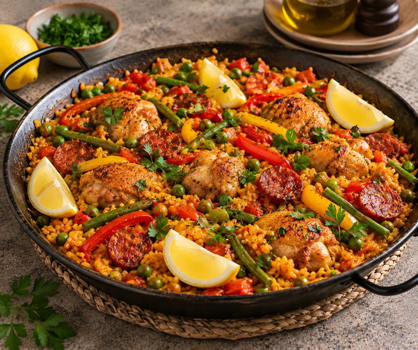 Spanish Chicken Paella with Chorizo, Bell Pepper & Lemon