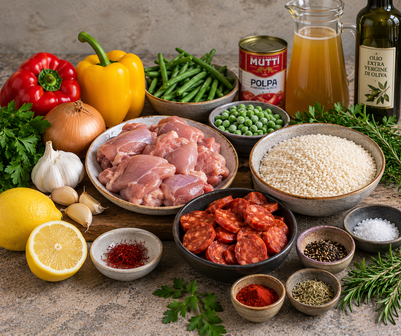 Ingrediënten voor Spaanse kippaella met chorizo, paprika & citroen
