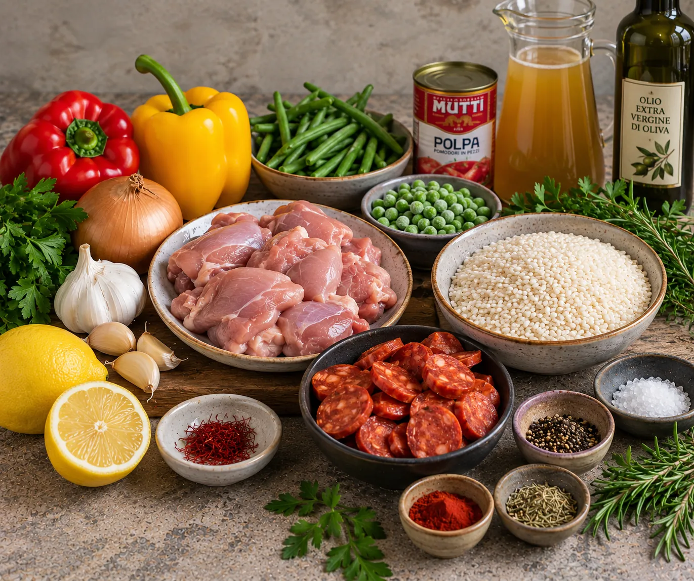 Ingredients for Spanish Chicken Paella with Chorizo, Bell Pepper & Lemon