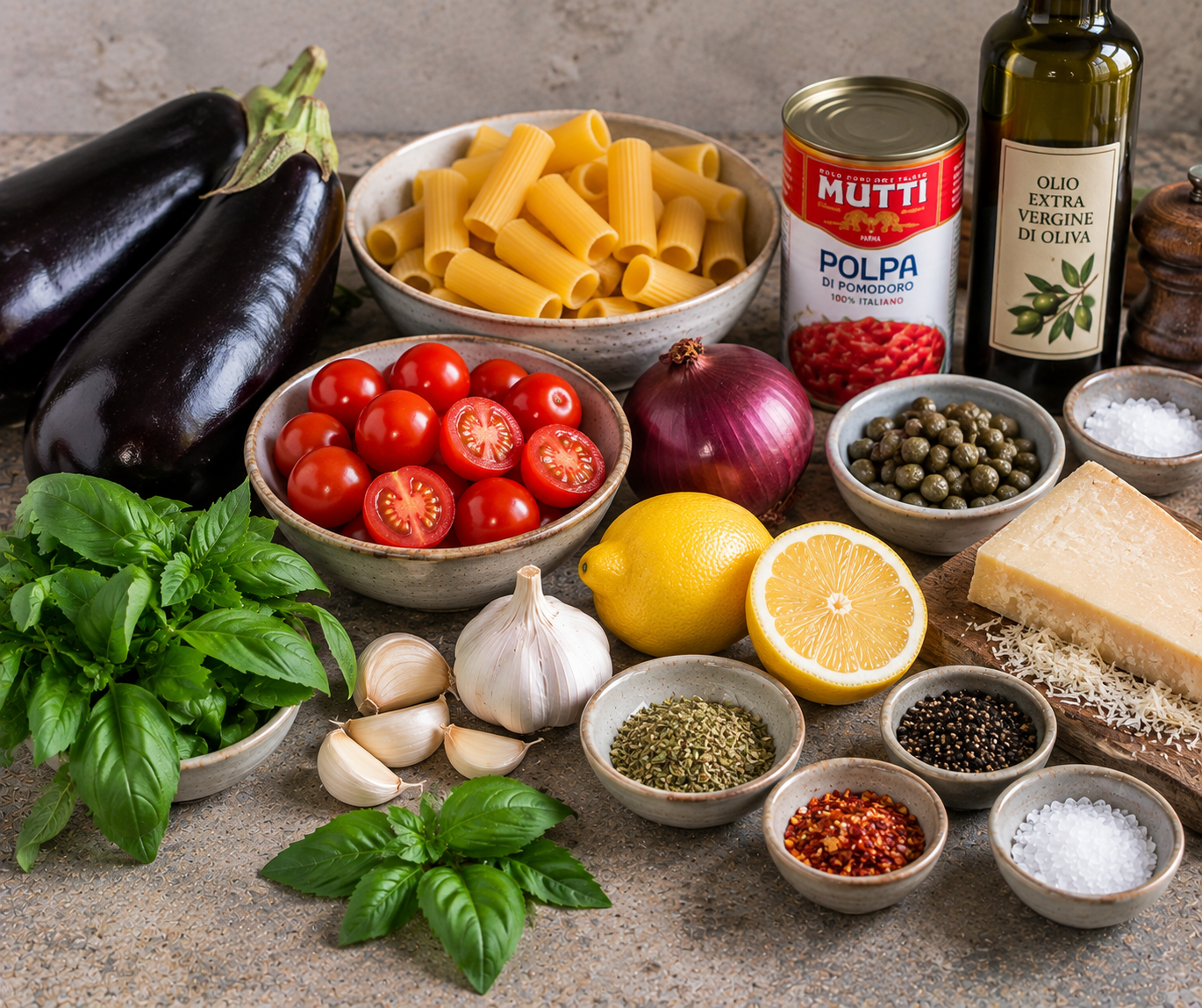 Ingrediënten voor Siciliaanse auberginepasta met citroen & kappertjes