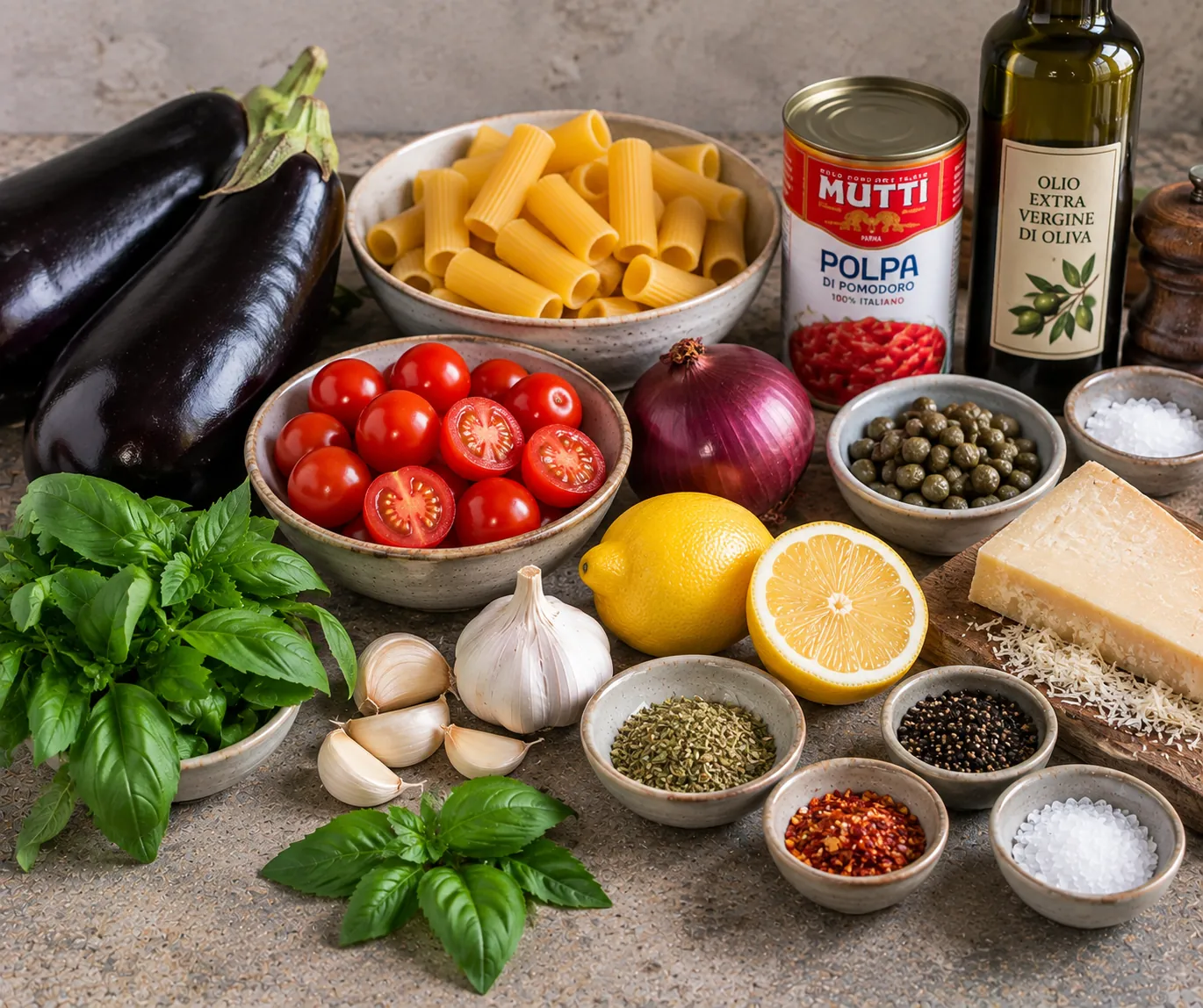 Ingredients for Sicilian Aubergine Pasta with Lemon & Capers