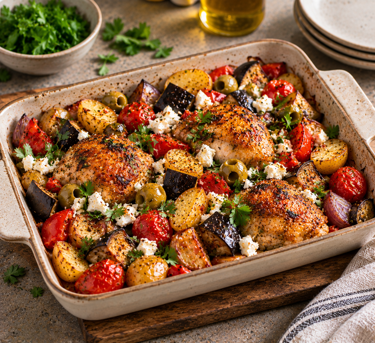 Mediterrane kip-traybake met krieltjes, aubergine & feta
