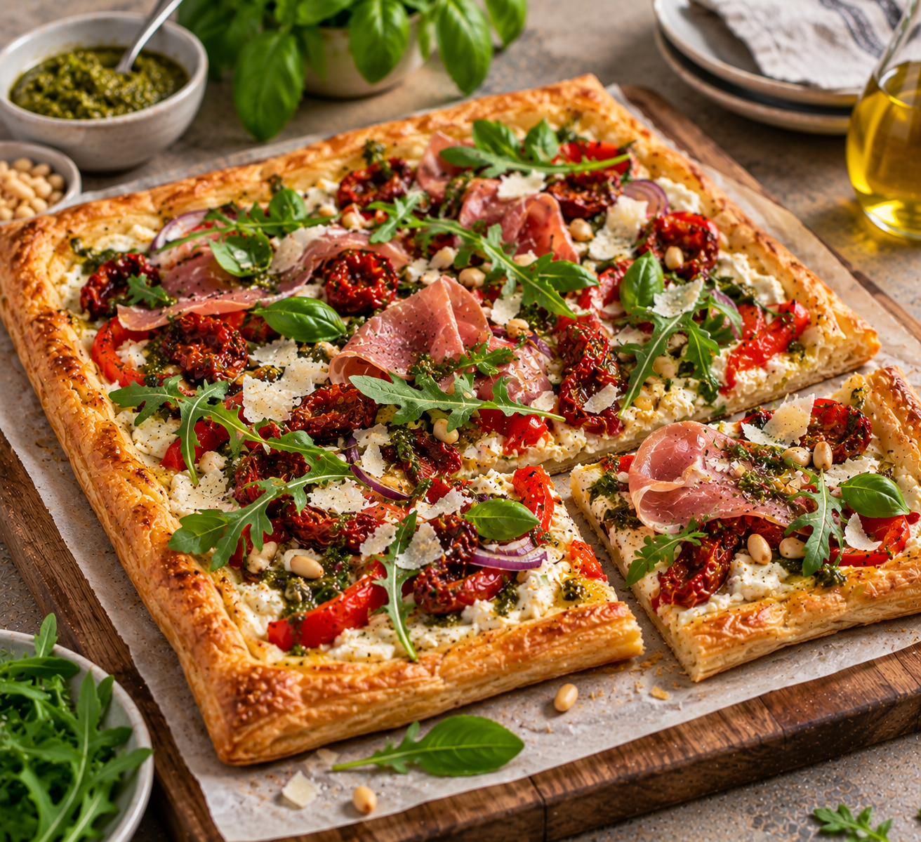 Italiaanse plaattaart met ricotta, geroosterde paprika & prosciutto