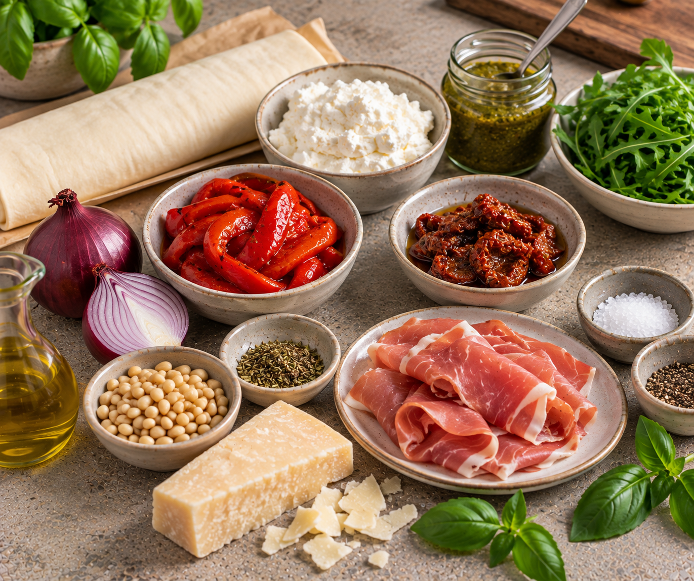 Ingrediënten voor Italiaanse plaattaart met ricotta, geroosterde paprika & prosciutto