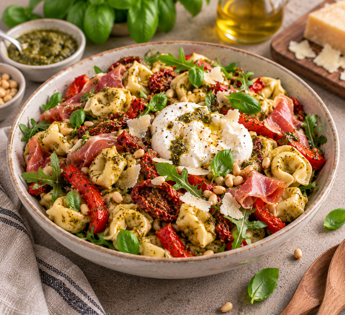 Tortellinisalade met pesto, geroosterde paprika & burrata