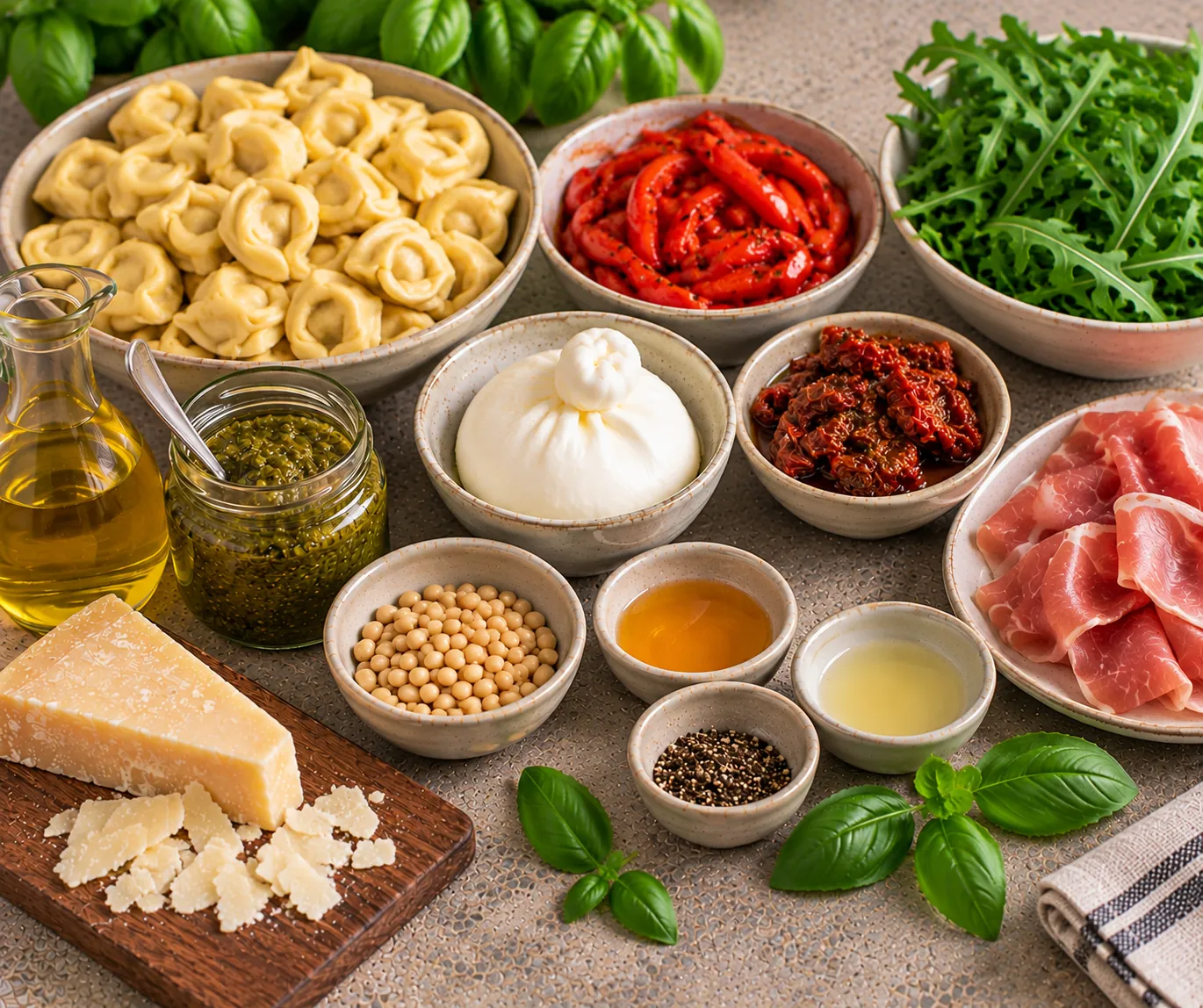Ingredients for Tortellini Salad with Pesto, Roasted Bell Pepper & Burrata