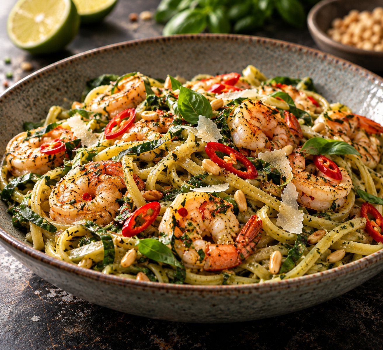 Chili garnalen met pasta in het groen