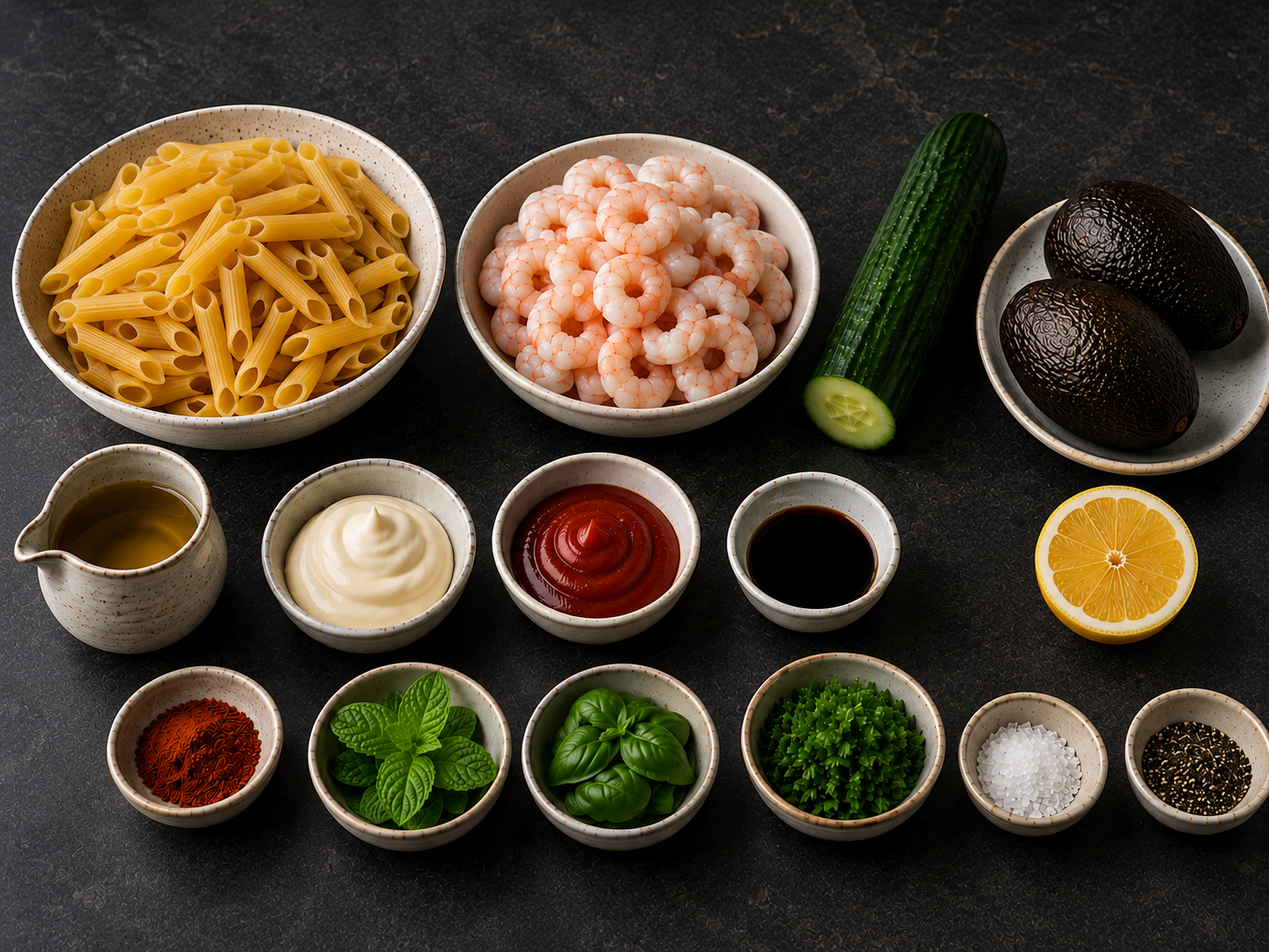 Ingrediënten voor Chili garnalen met pasta in het groen