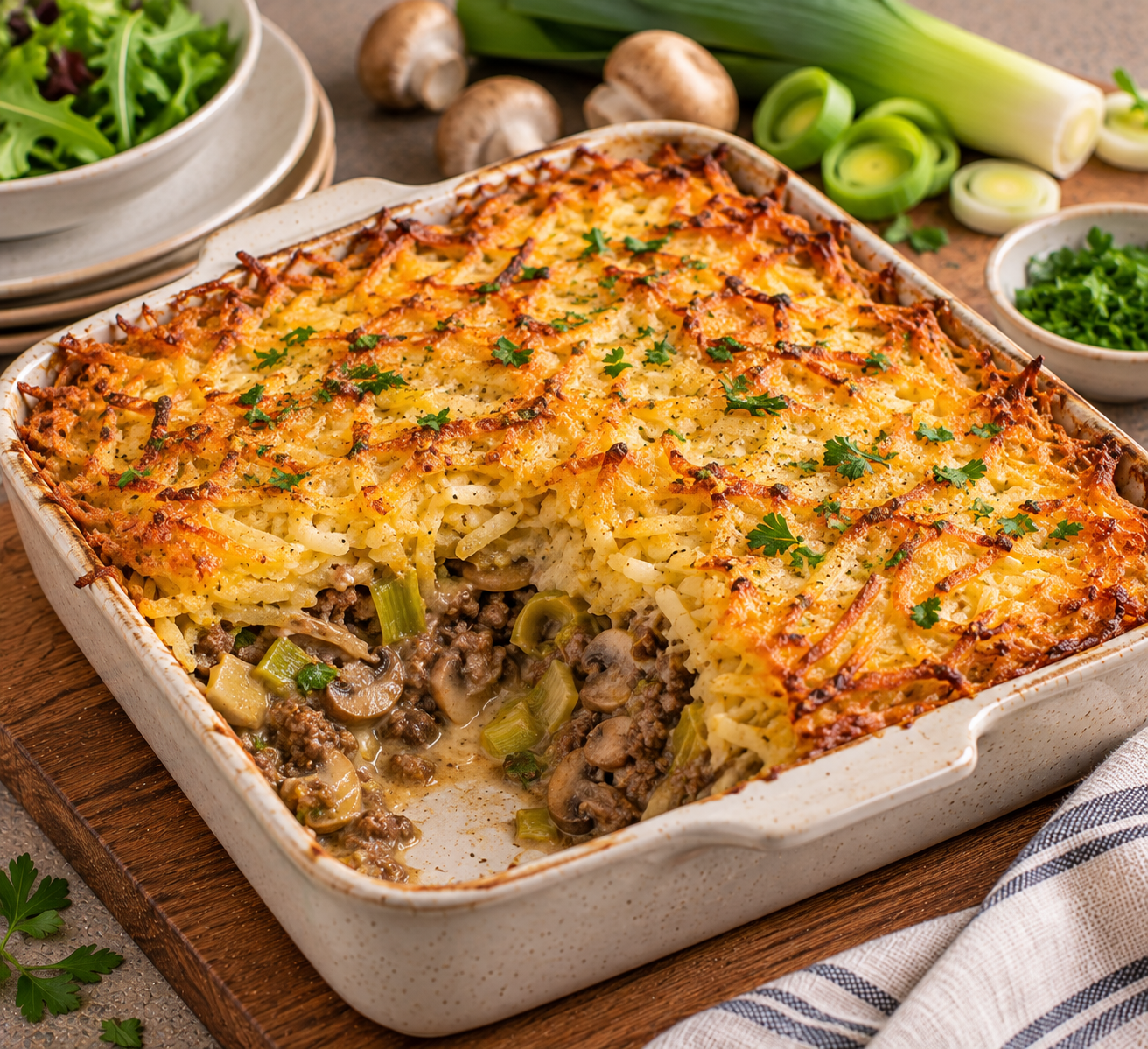Krokante rösti-ovenschotel met gehakt, prei & champignons