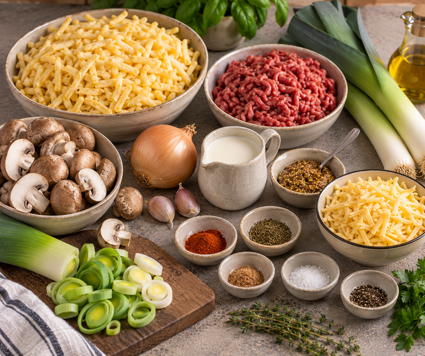 Ingrediënten voor Krokante rösti-ovenschotel met gehakt, prei & champignons