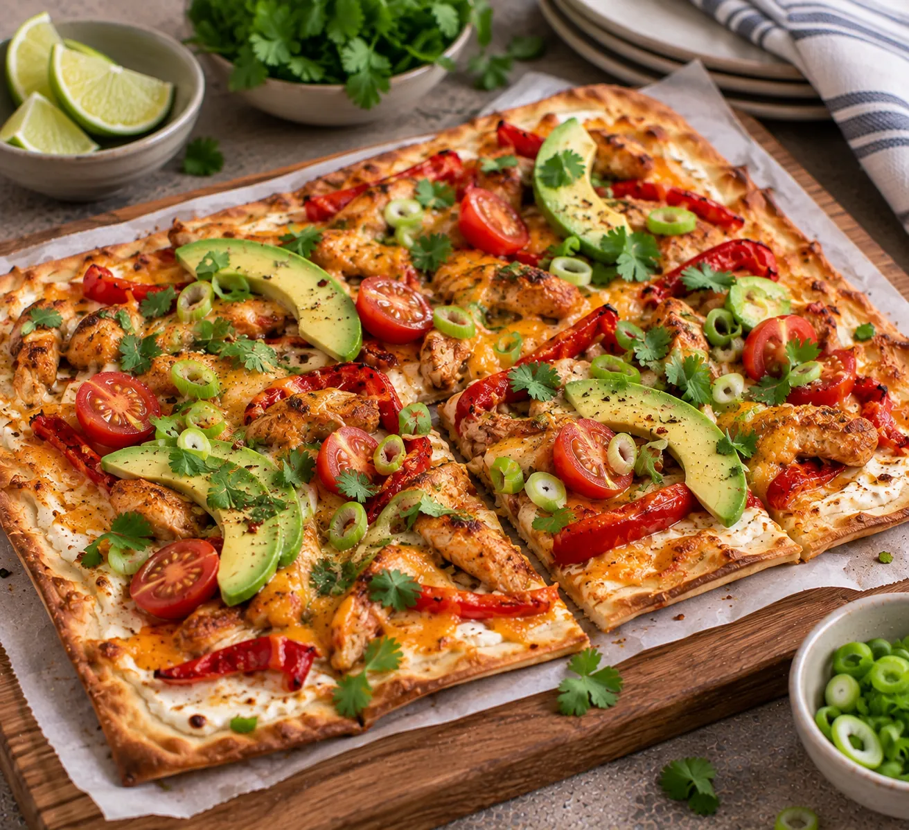 Crispy Flammkuchen with Spiced Chicken, Avocado & Roasted Pepper