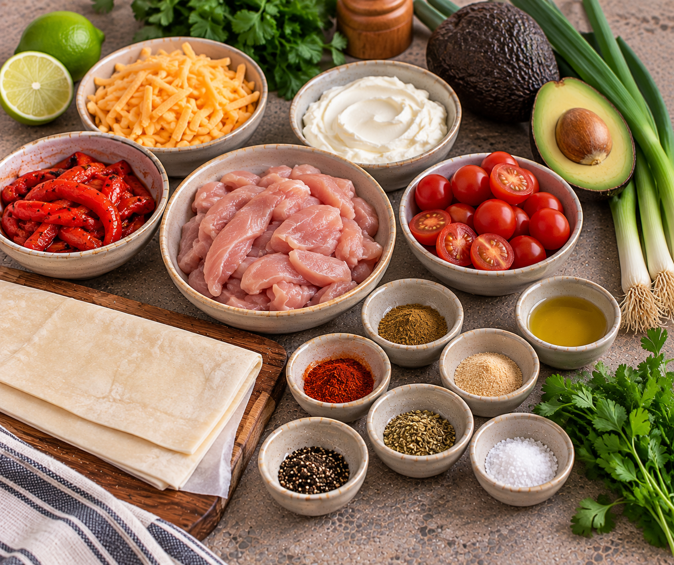 Ingrediënten voor Krokante flammkuchen met kruidige kip, avocado & geroosterde paprika