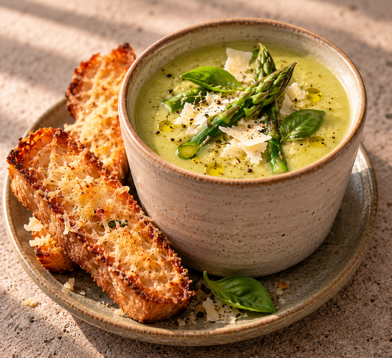 Romige groene-aspergesoep met basilicum & Parmezaantoast
