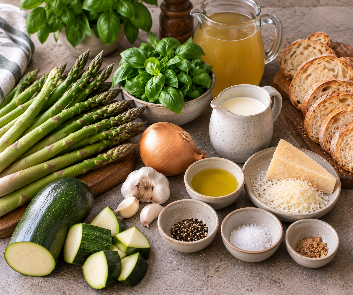 Ingrediënten voor Romige groene-aspergesoep met basilicum & Parmezaantoast