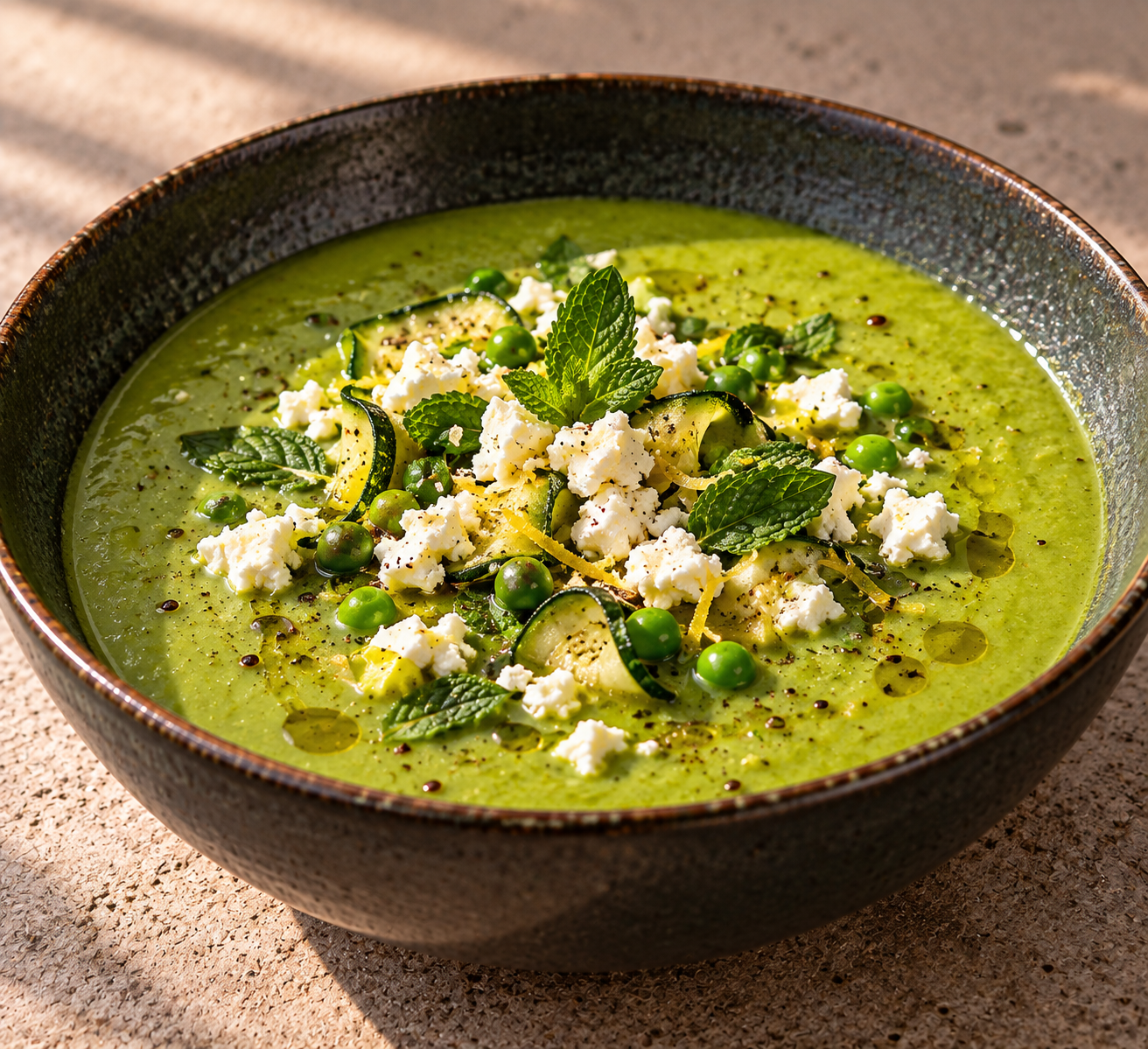 Romige doperwtensoep met courgette, feta & munt