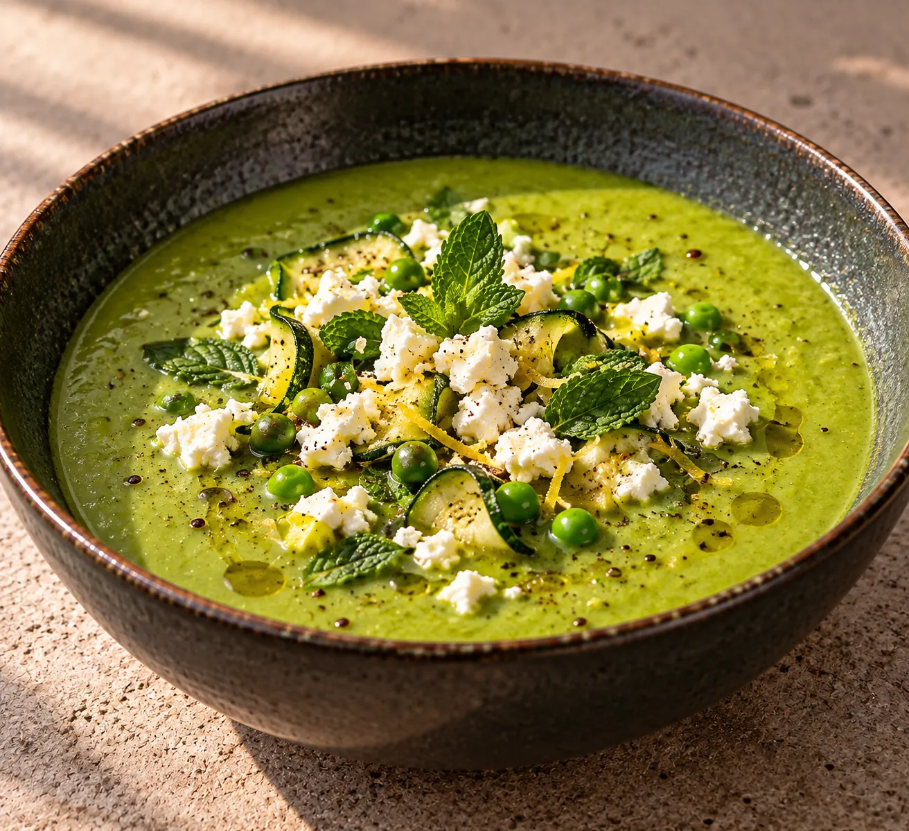 Creamy Pea Soup with Courgette, Feta & Mint