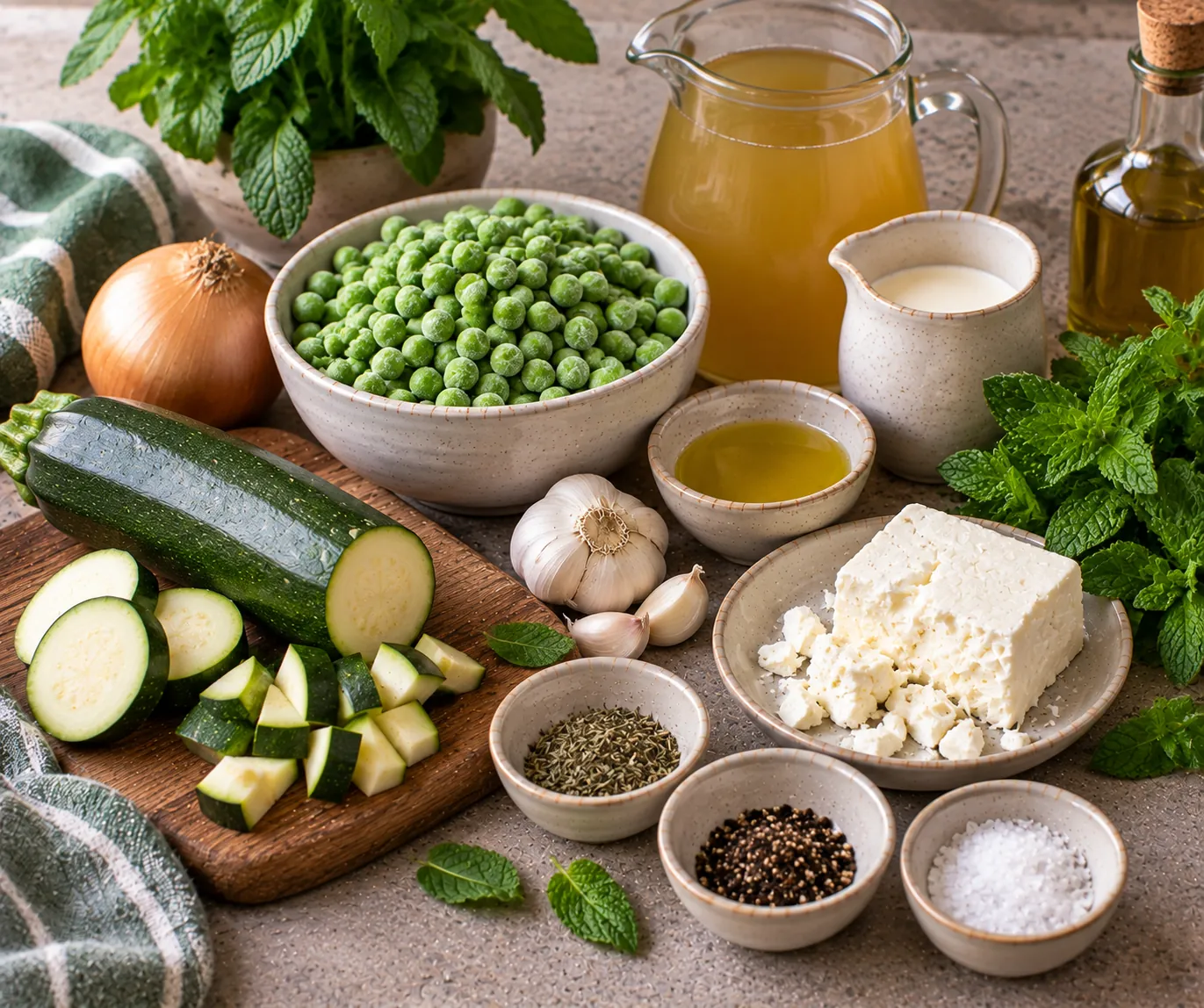 Ingredients for Creamy Pea Soup with Courgette, Feta & Mint