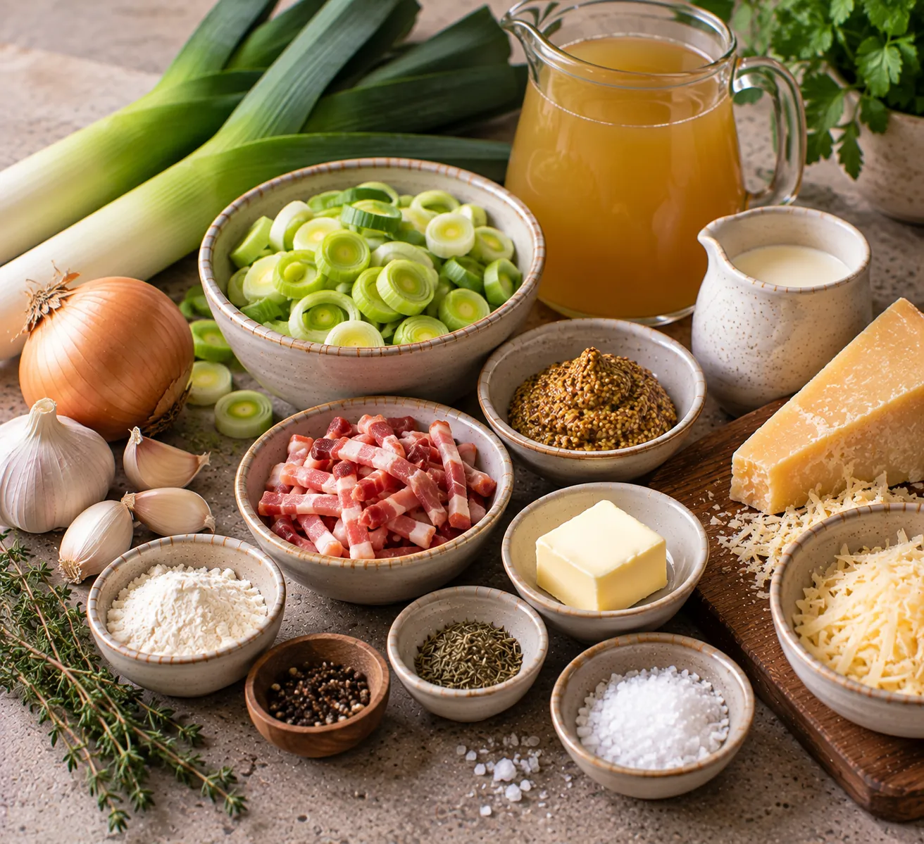 Ingredients for Creamy Mustard Soup with Leek, Aged Cheese & Bacon Lardons