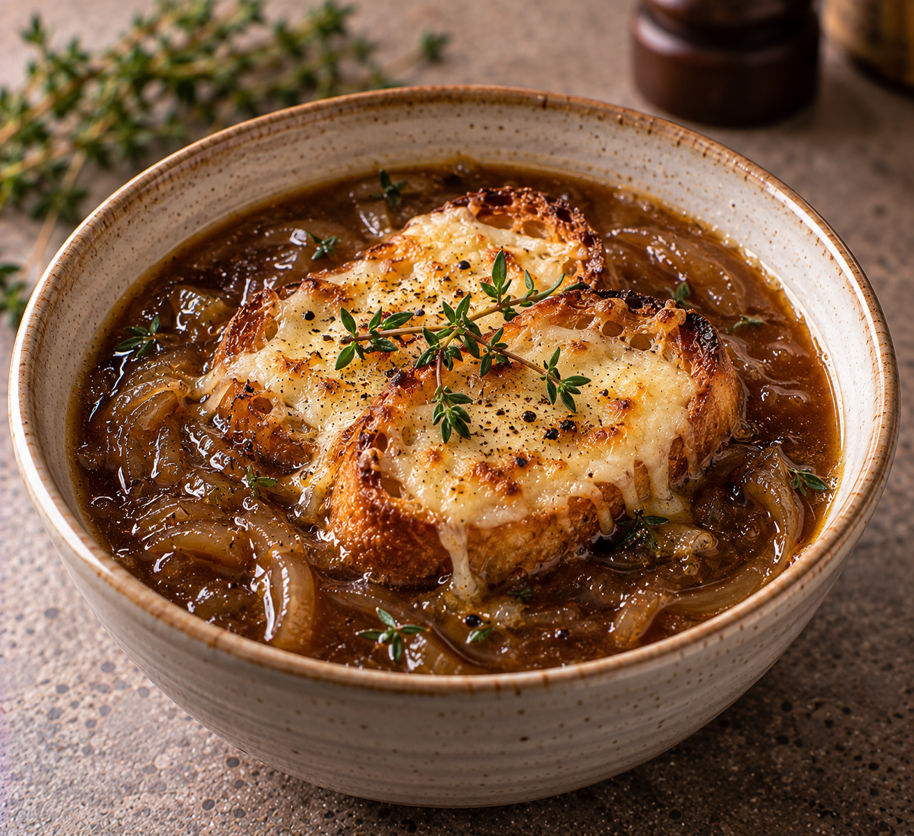 Uiensoep met balsamico, tijm & Gruyèretoast