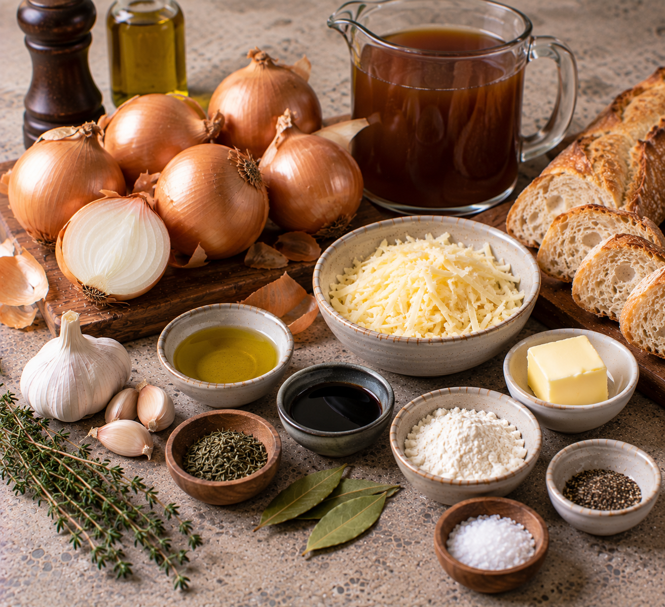 Ingrediënten voor Uiensoep met balsamico, tijm & Gruyèretoast