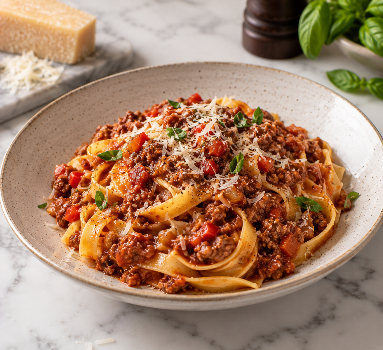 Langzaam gestoofde bolognesesaus met pancetta & rode paprika