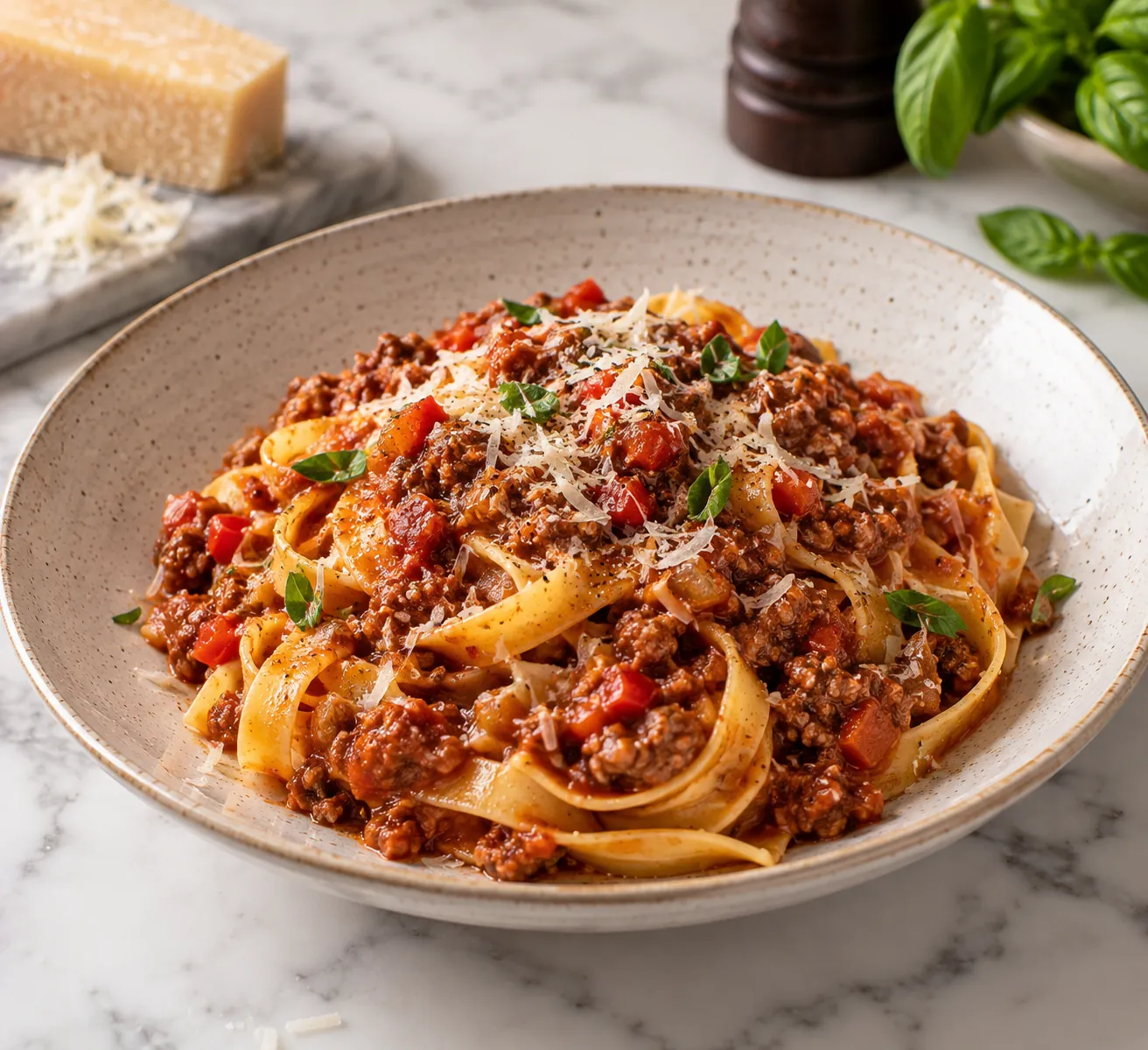 Slow-braised Bolognese Sauce with Pancetta & Red Pepper