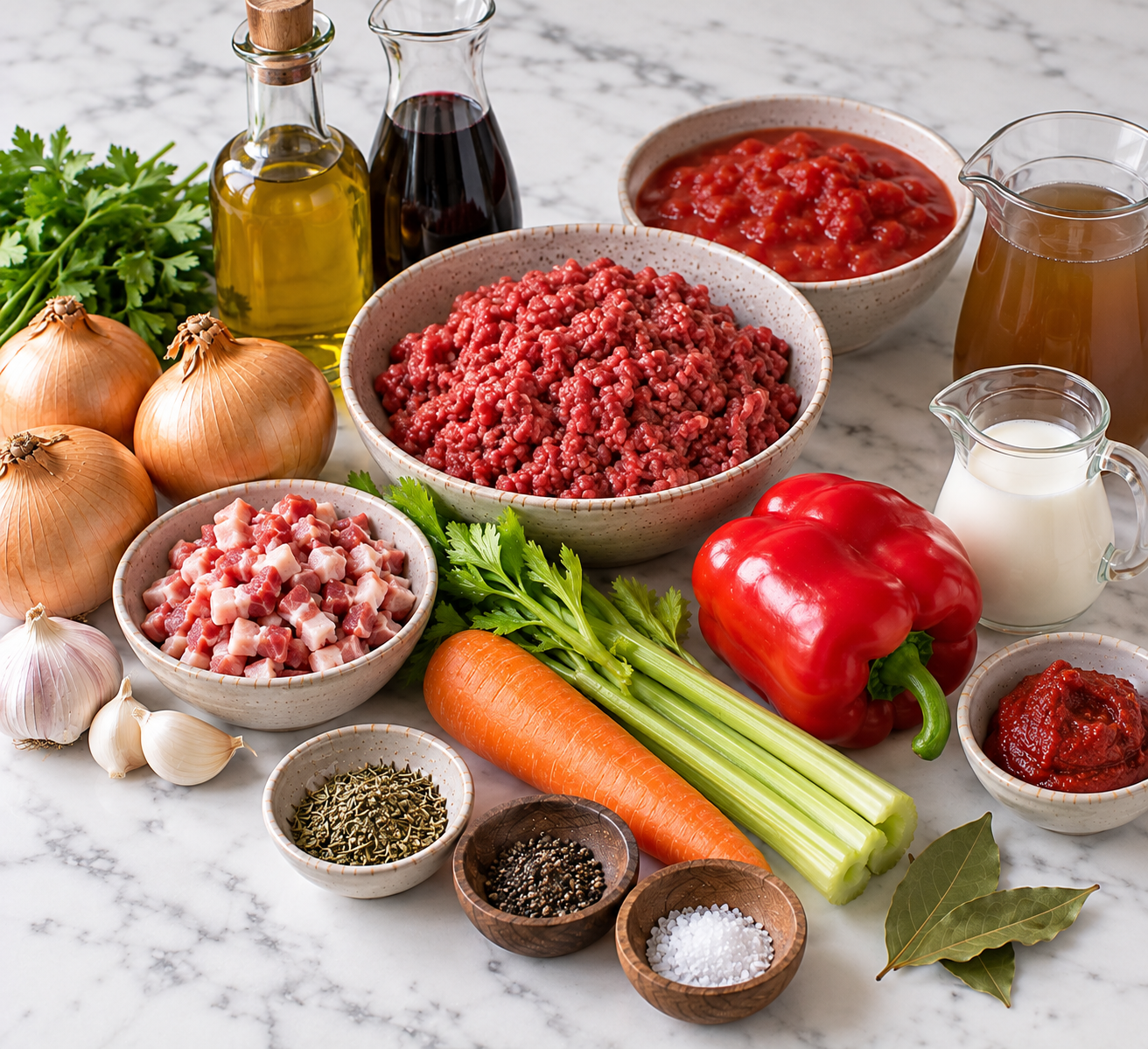 Ingrediënten voor Langzaam gestoofde bolognesesaus met pancetta & rode paprika