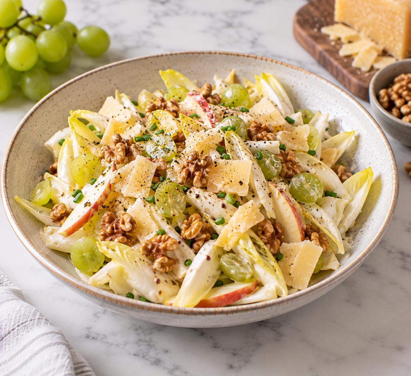 Witlofsalade met druiven, appel, walnoten & oude kaas