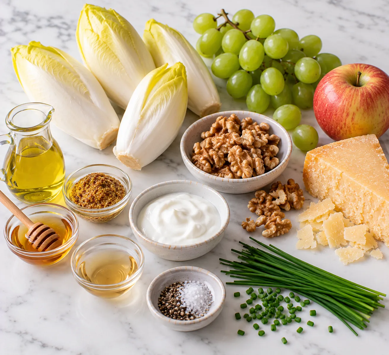 Ingredients for Chicory Salad with Grapes, Apple, Walnuts & Mature Cheese