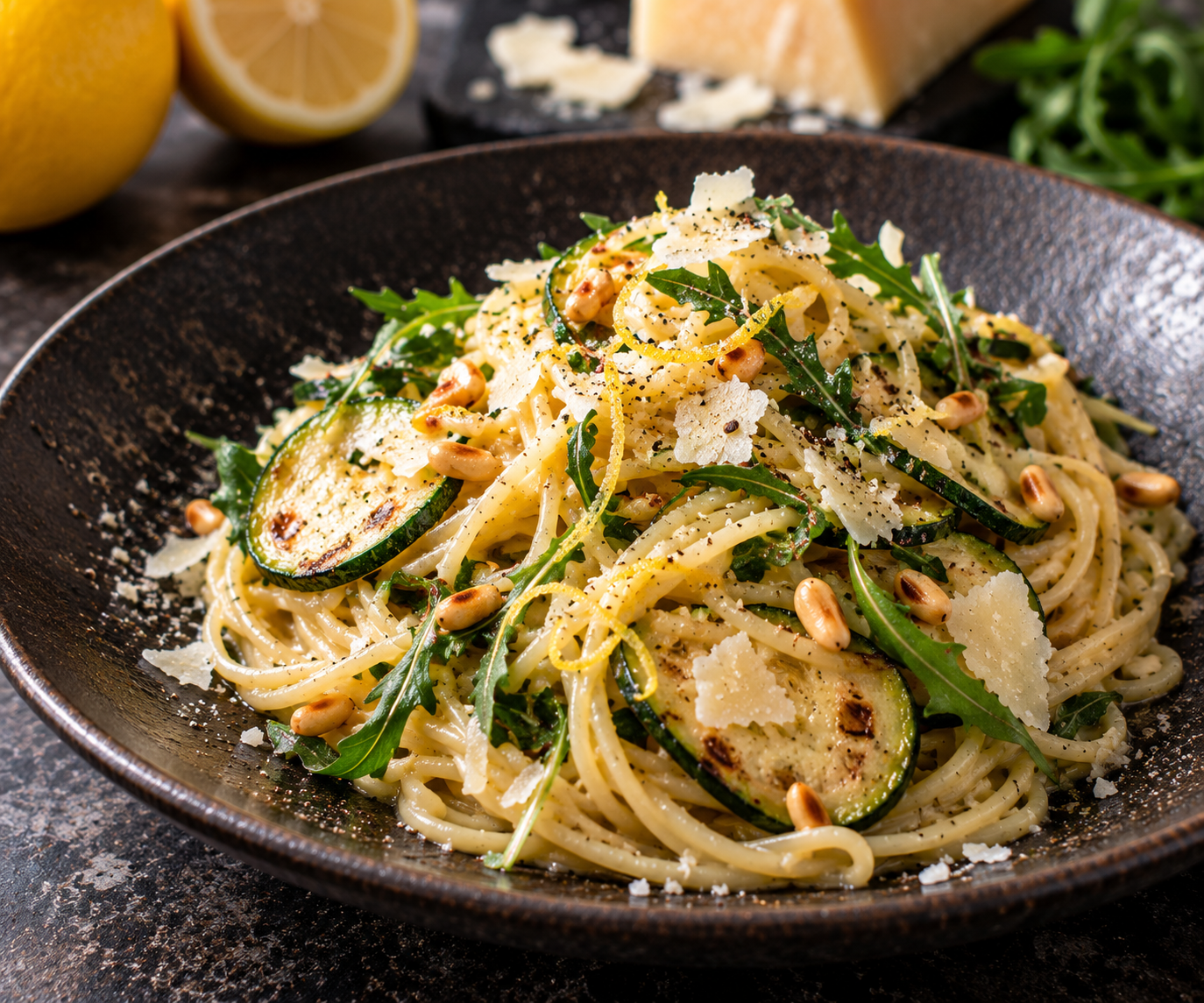 Romige spaghetti met citroen, courgette & rucola