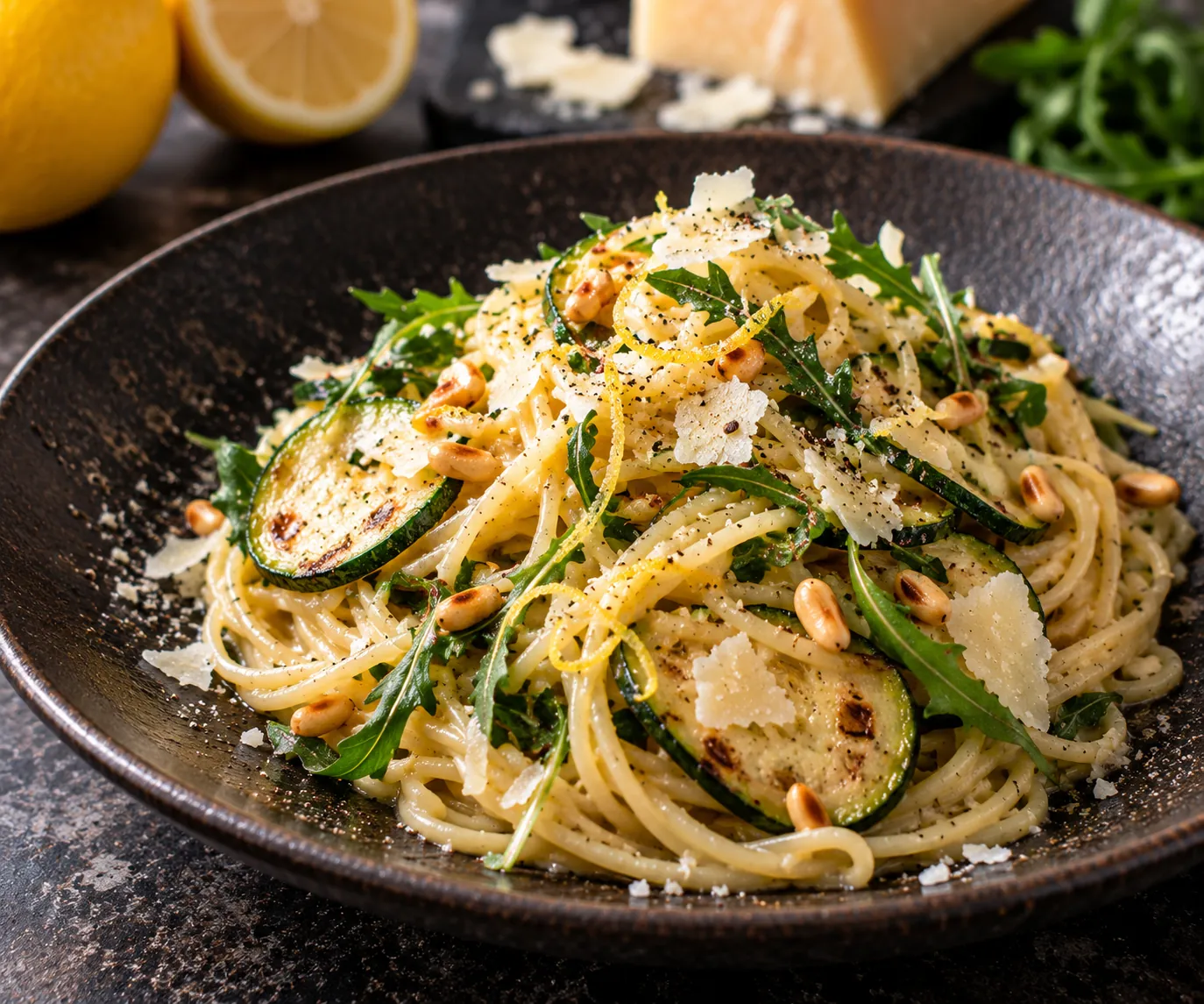 Creamy spaghetti with lemon, courgette & rocket