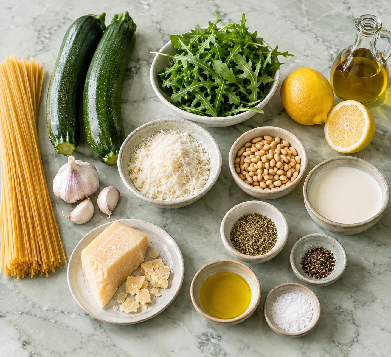 Ingredients for Creamy spaghetti with lemon, courgette & rocket