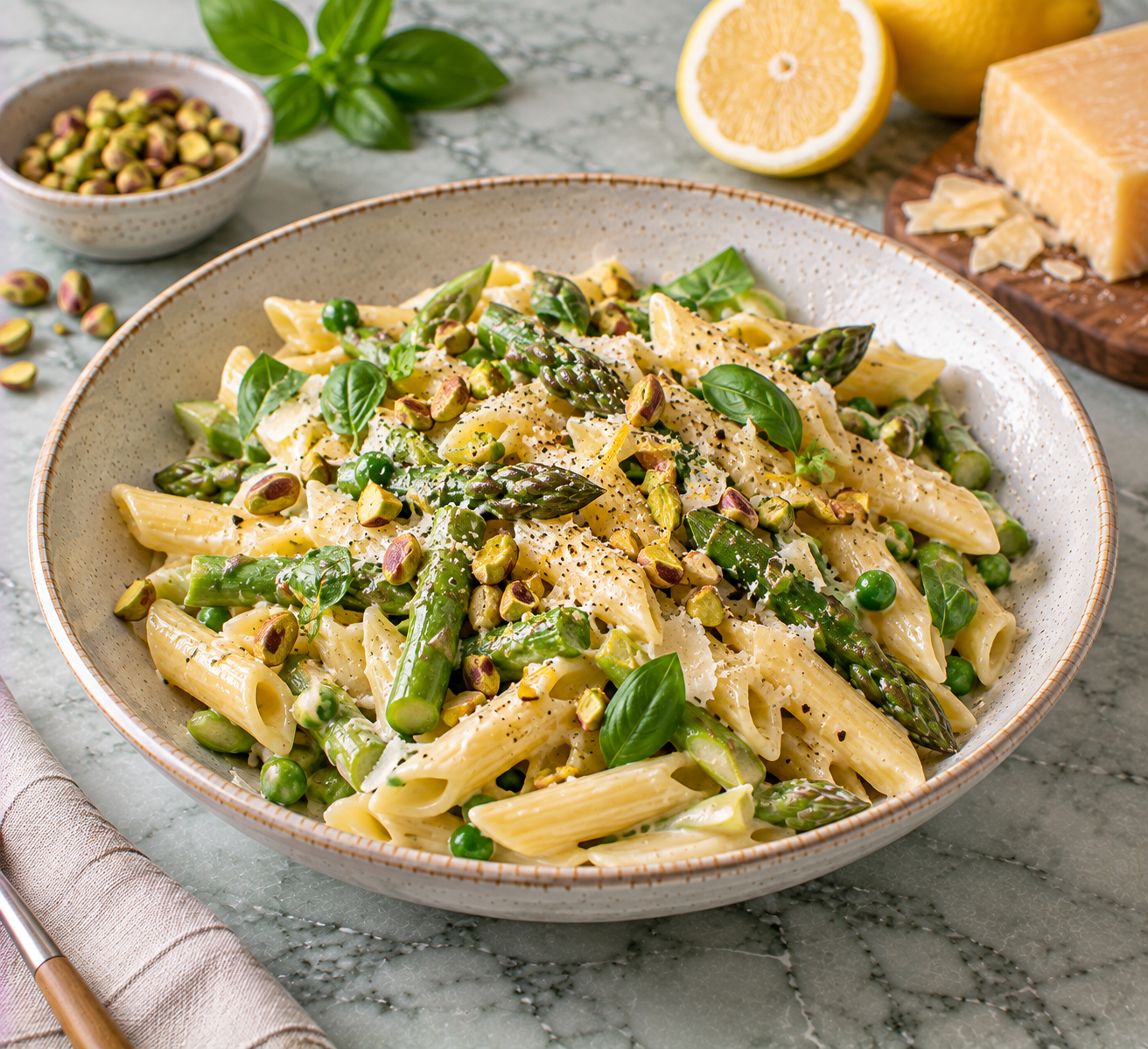 Penne met groene asperges, doperwten & krokante pistache