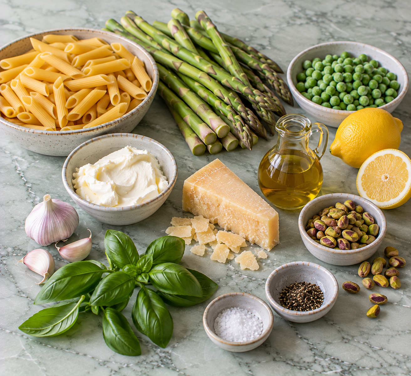 Ingrediënten voor Penne met groene asperges, doperwten & krokante pistache