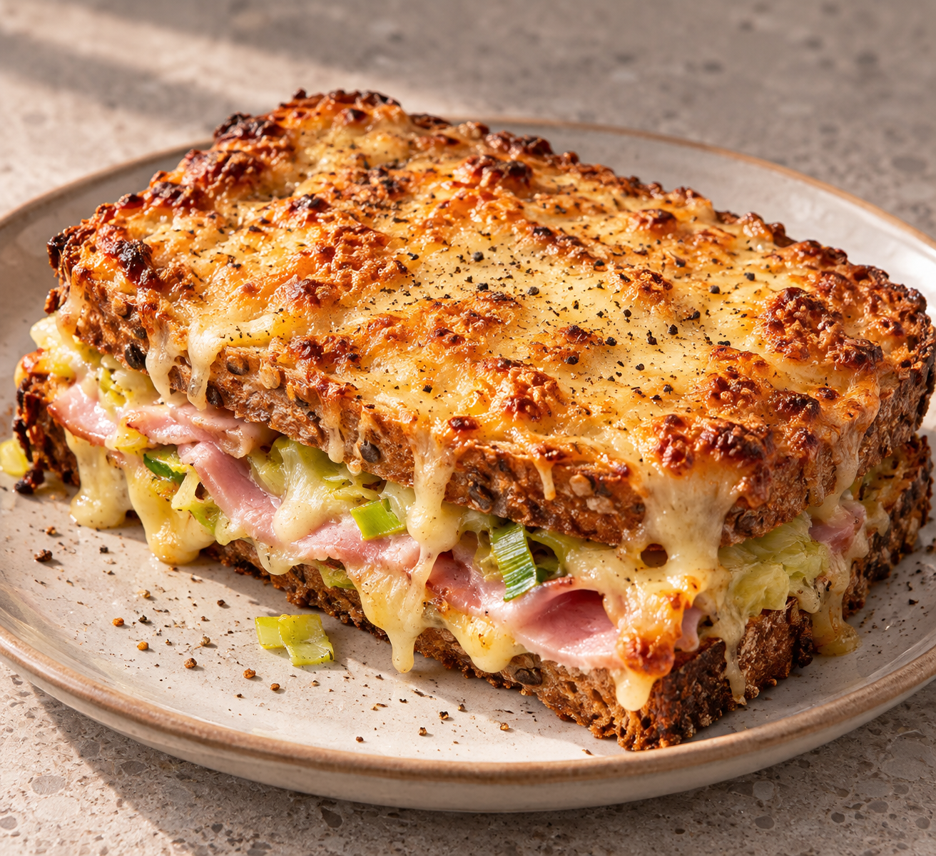 Croque met ham, prei & oude kaas