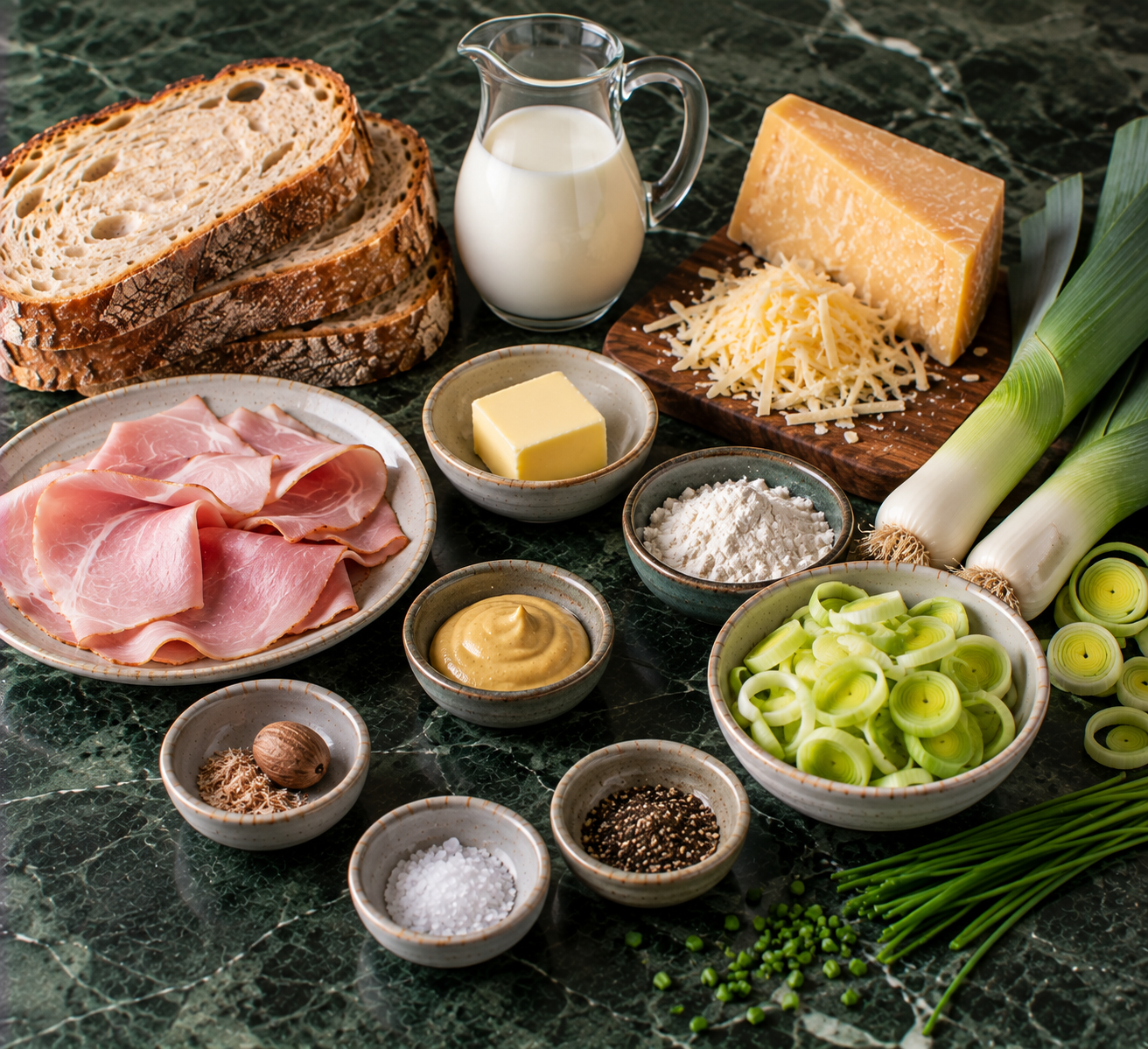 Ingrediënten voor Croque met ham, prei & oude kaas