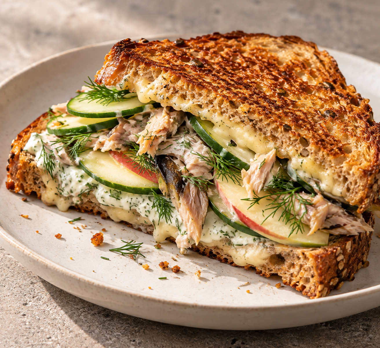 Krokante makreeltosti met komkommer, appel & dillecrème