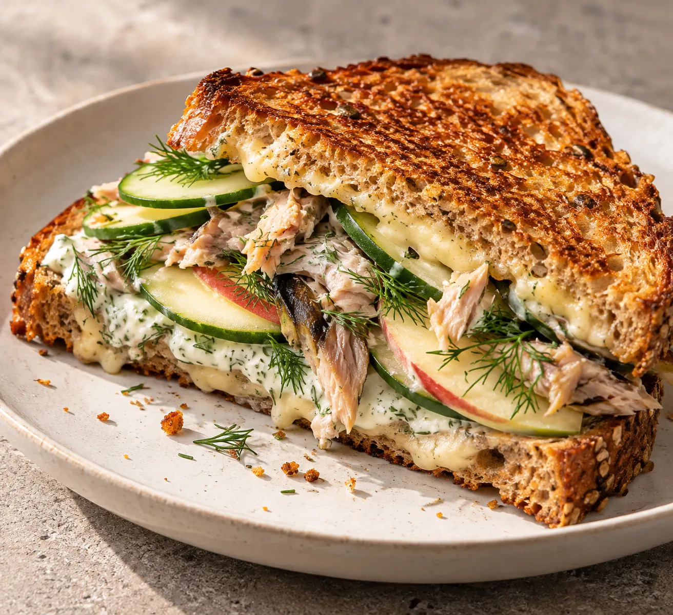Crispy Mackerel Toastie with Cucumber, Apple & Dill Cream
