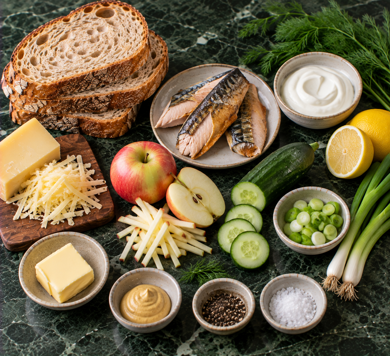 Ingrediënten voor Krokante makreeltosti met komkommer, appel & dillecrème