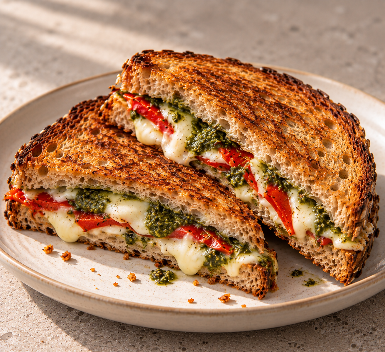 Tosti met mozzarella, geroosterde paprika & groene pesto