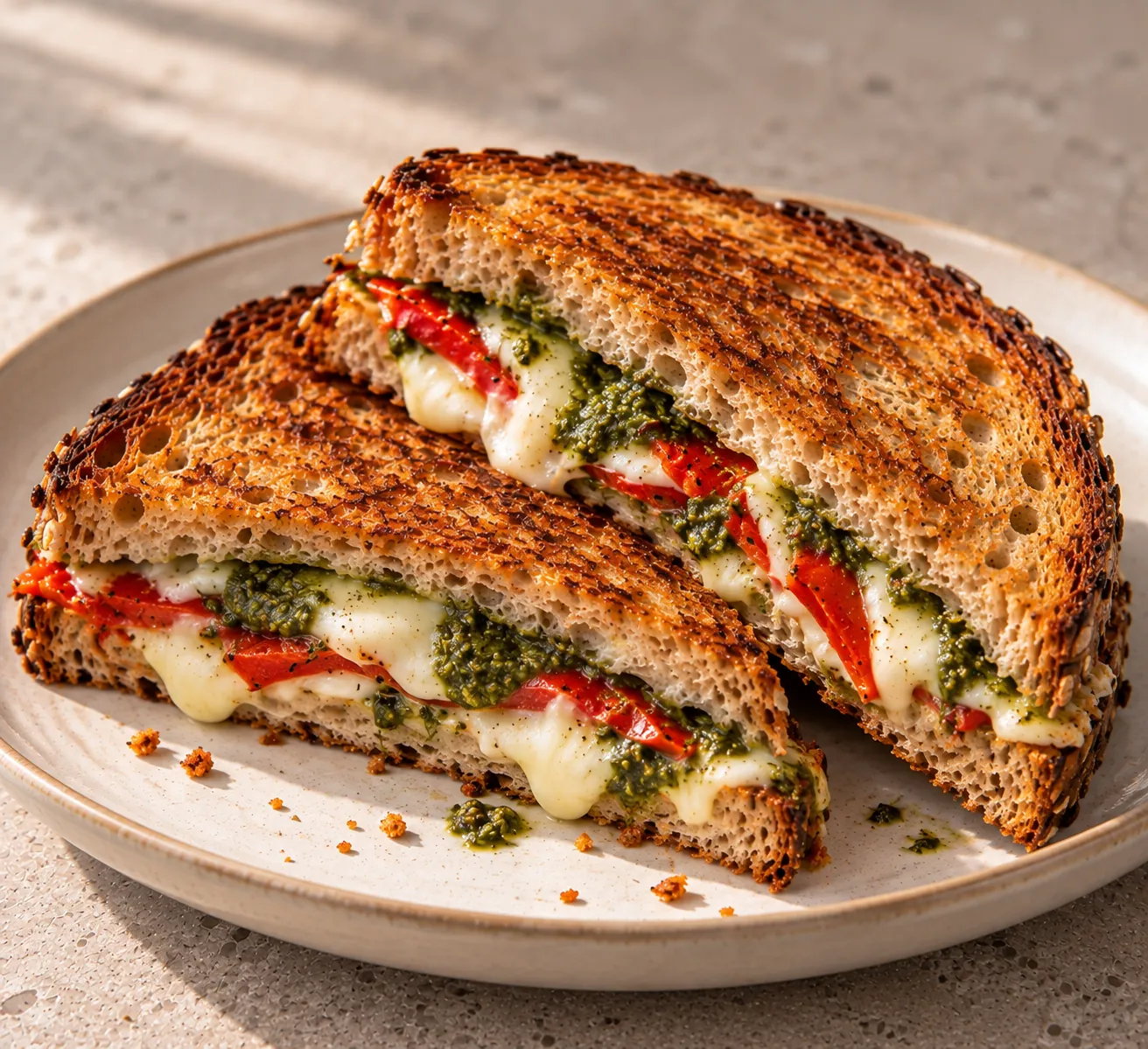 Grilled Cheese Sandwich with Mozzarella, Roasted Bell Pepper & Green Pesto