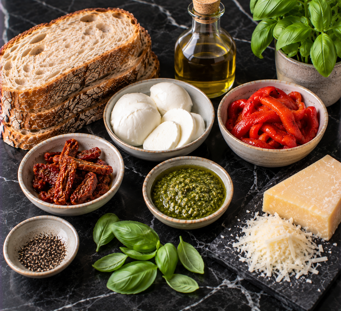Ingrediënten voor Tosti met mozzarella, geroosterde paprika & groene pesto