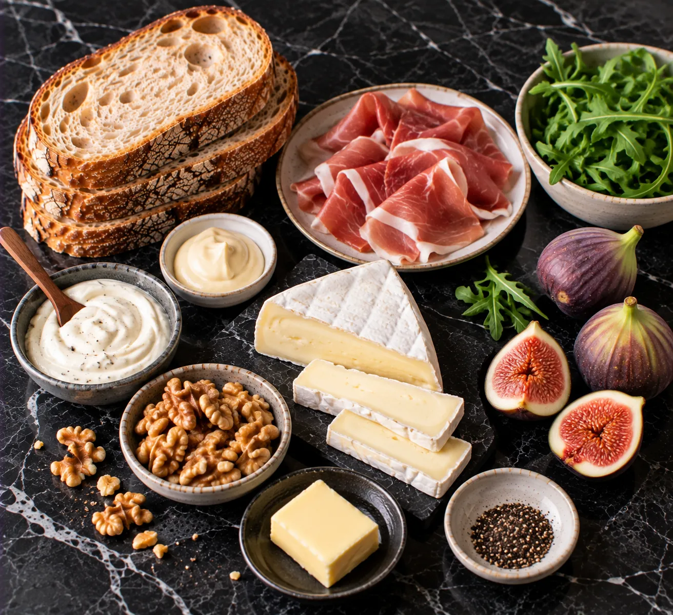 Ingredients for Toasted Sandwich with Parma Ham, Brie, Figs & Truffle Cream