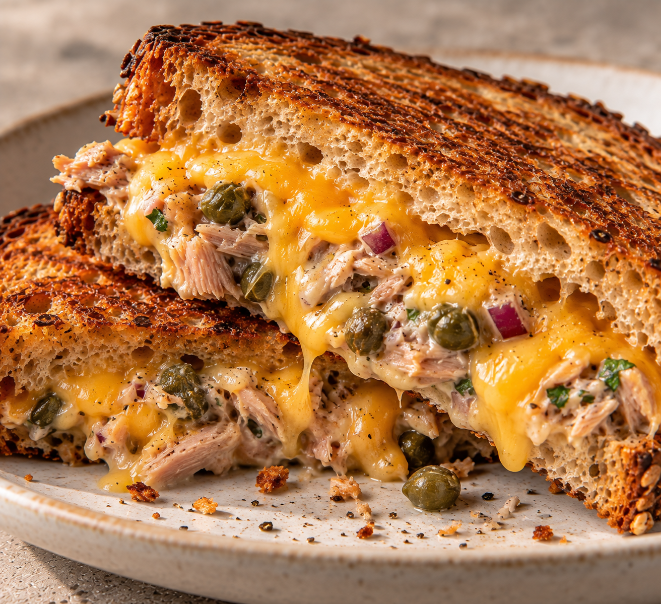 Tosti met tonijn, cheddar, geroosterde paprika & kappertjes