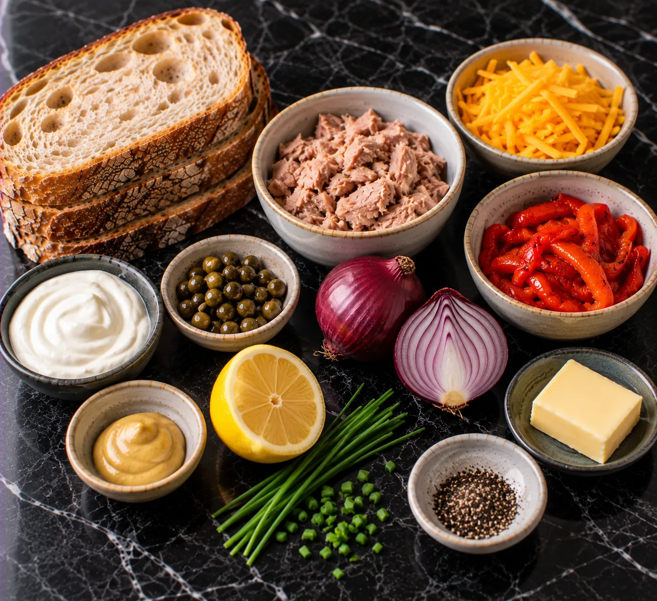 Ingredients for Tuna, Cheddar, Roasted Pepper & Caper Toastie
