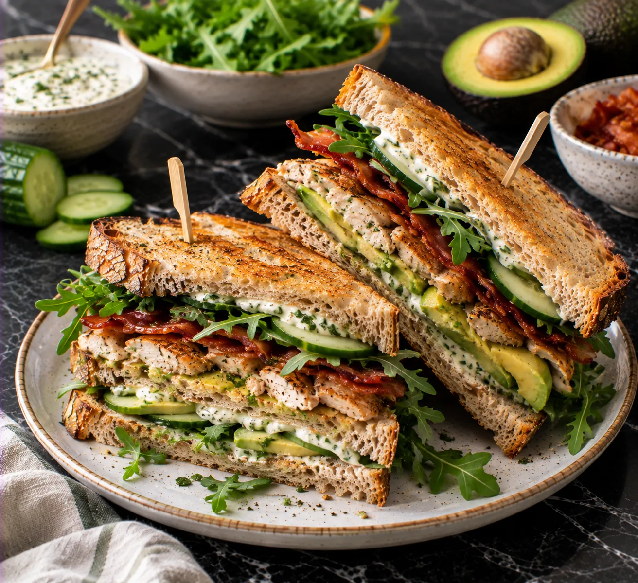 Club Sandwich with Chicken, Avocado & Crispy Bacon