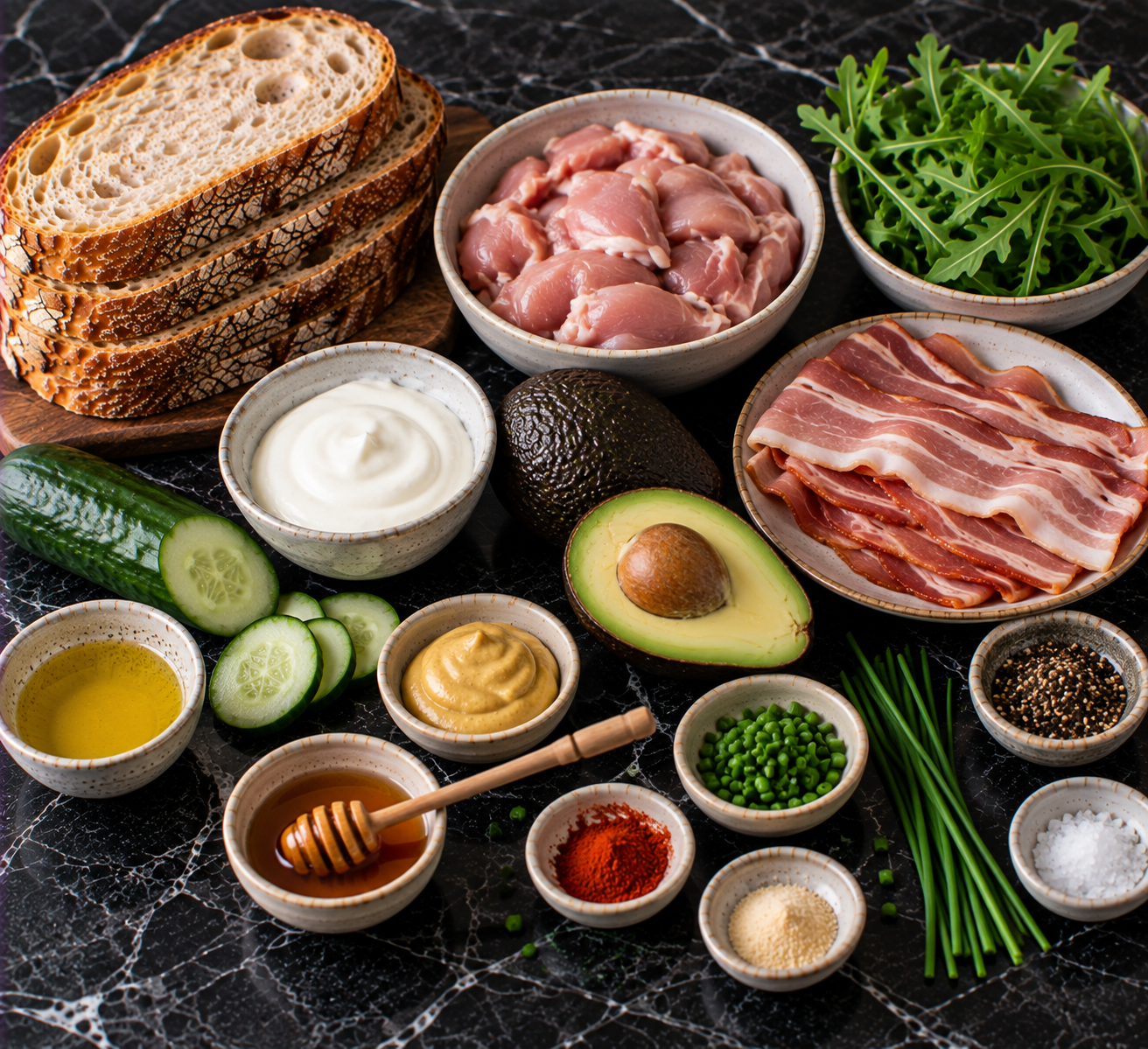 Ingrediënten voor Clubsandwich met kip, avocado & krokante bacon