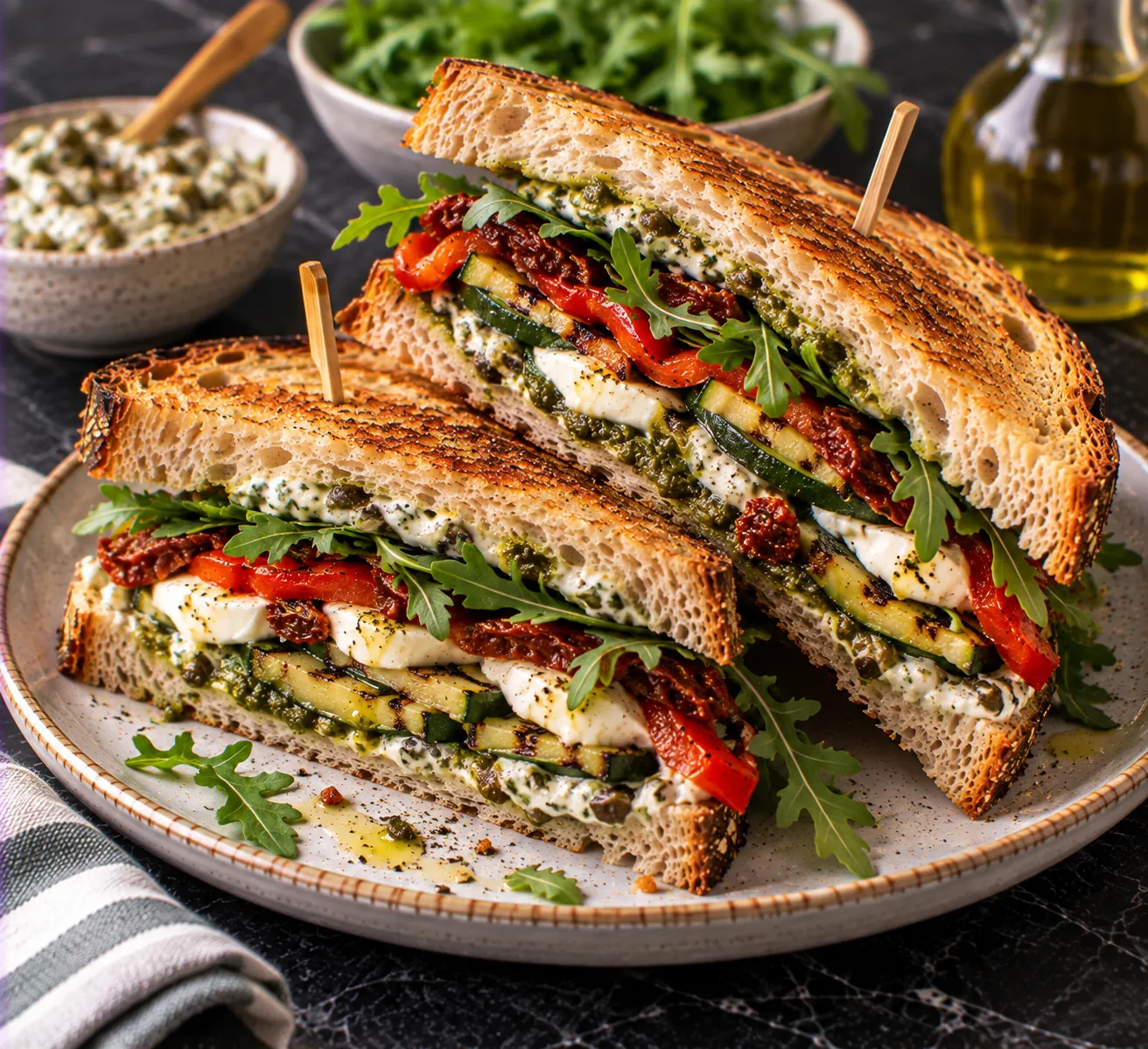 Club Sandwich with Grilled Courgette, Mozzarella & Olive Cream